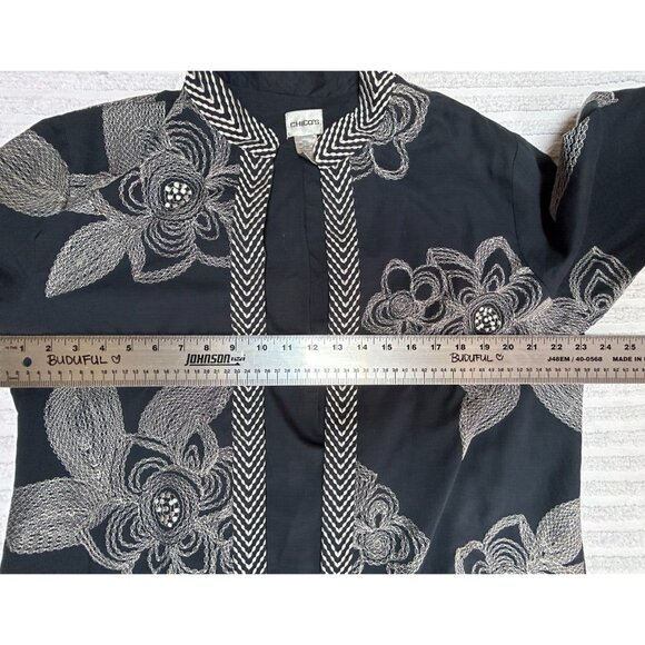 Chico's Women's Blue Embroidered Floral Open Front Blazer Size 2 Long Sleeve - Picture 6 of 8